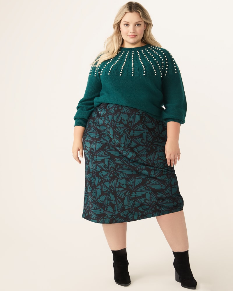 Plus size model with pear body shape wearing Patti Abstract-Print Midi Skirt by Hiatus | Dia&Co | dia_product_style_image_id:175272